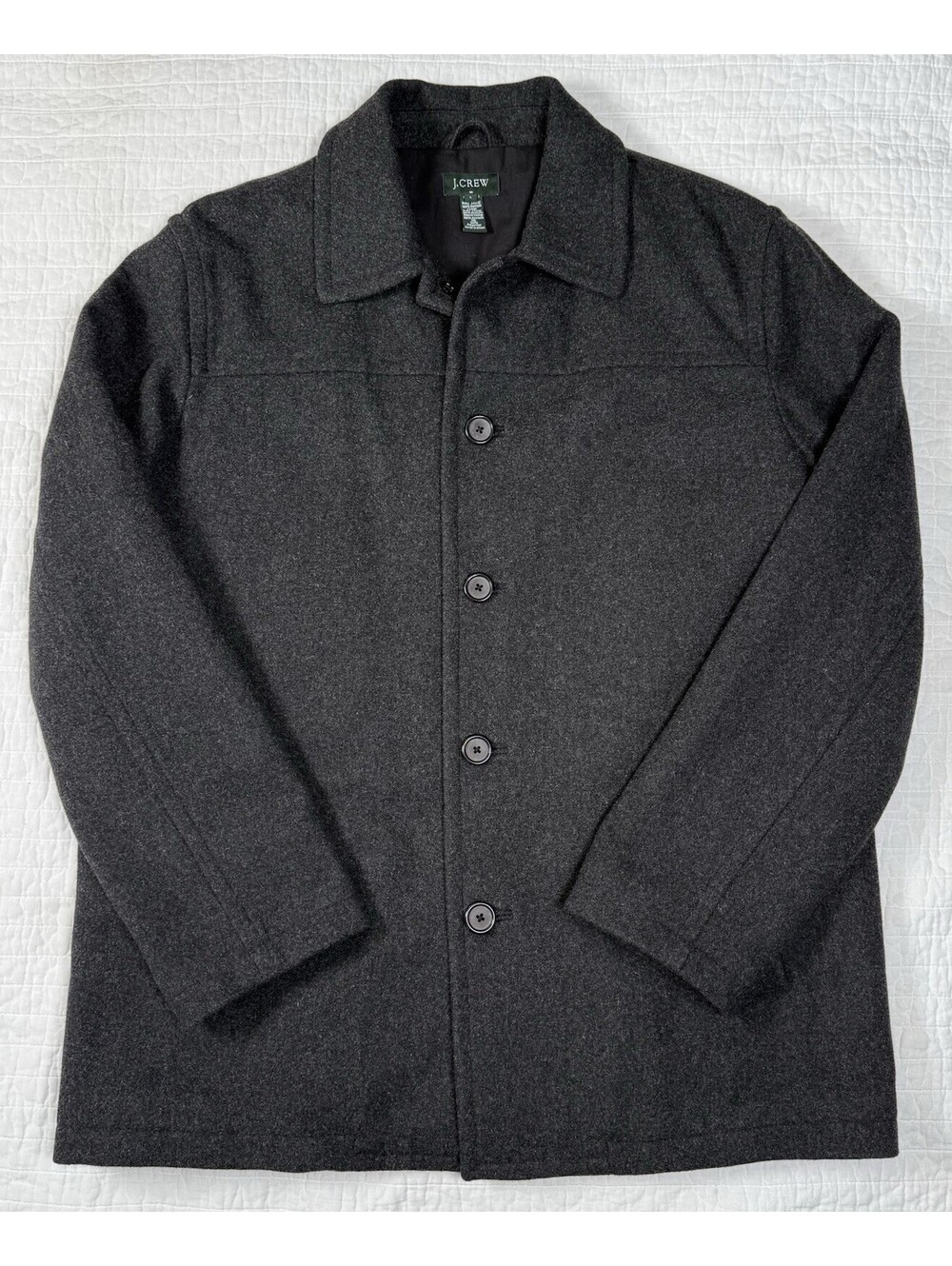 J Crew Mens L Charcoal Gray 100% Wool Car Coat Jacket Quilted Lined